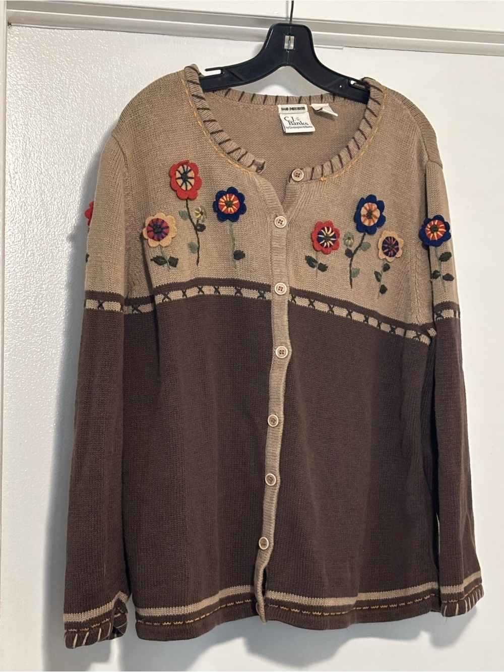 CJ Banks Brown and Tan Floral Appliqué Button Cardigan